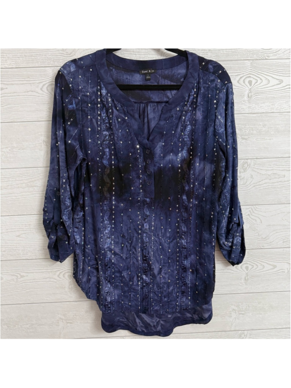 Sami & Jo Women's Blue Sequin Boho Top. Size L